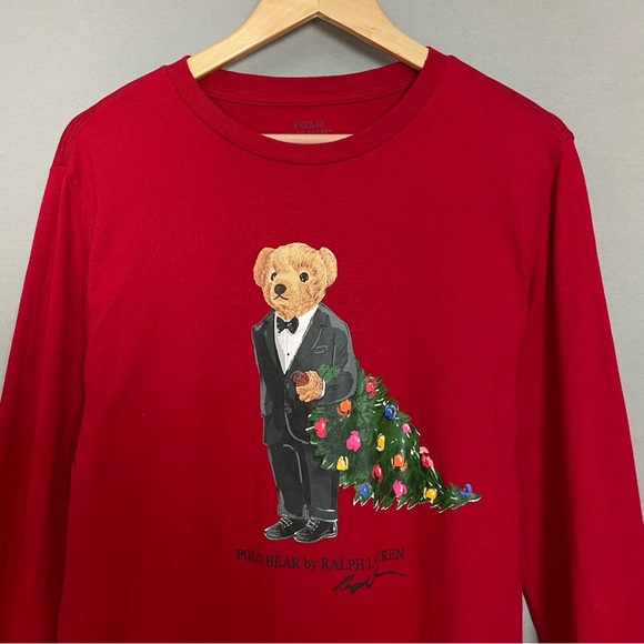 Polo Ralph Lauren Bear Christmas Tree Tux Boy XL 18-20 Red Long Sleeve Graphic - Picture 3 of 13